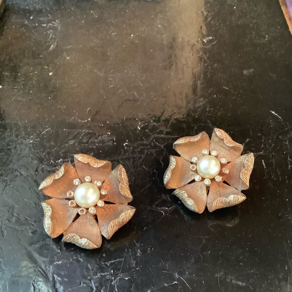 Vintage Brushed Gold Tone Rhinestone Faux Pearl 1960s Earrings